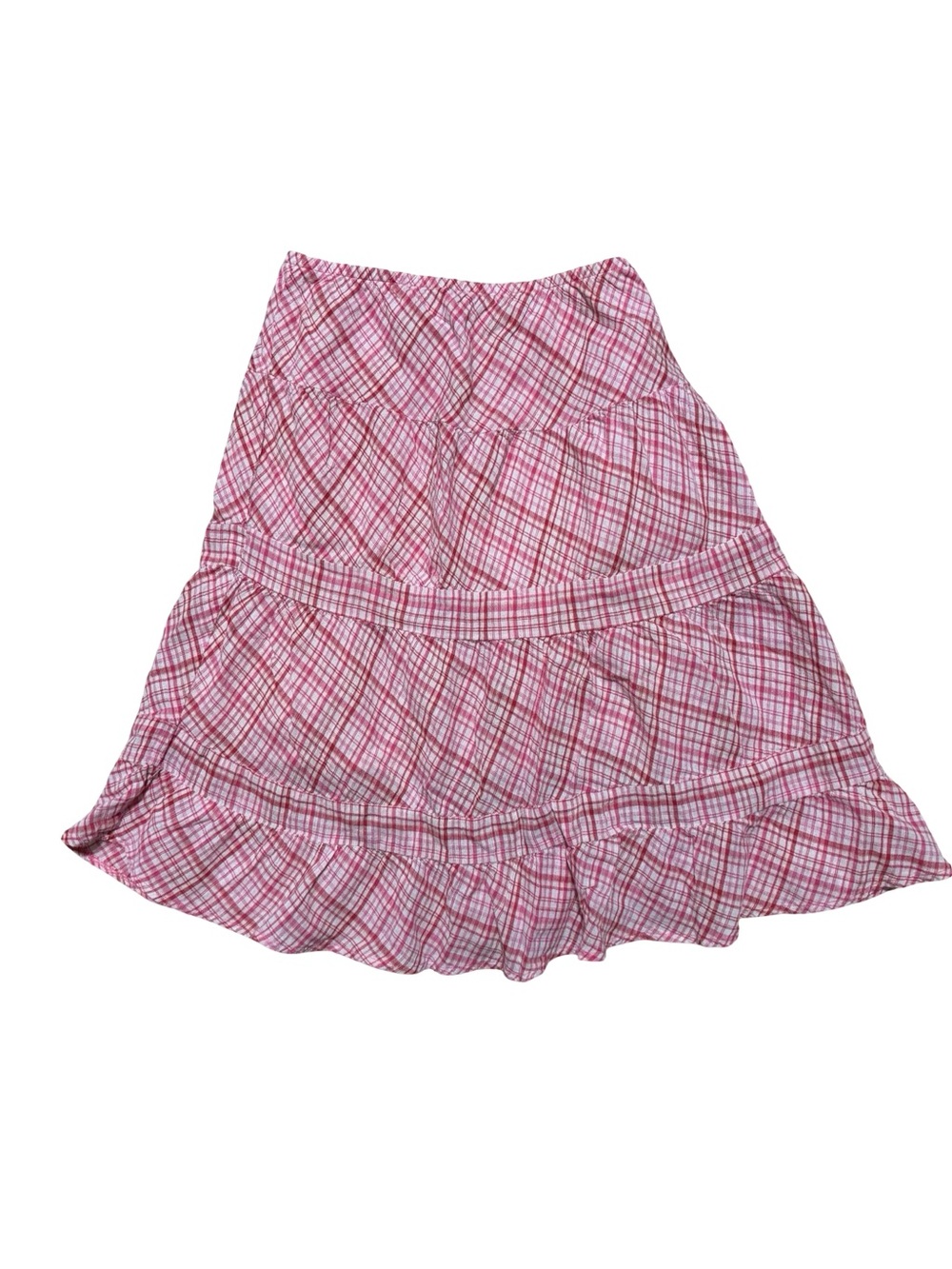 Pink Plaid Tiered Casual Cotton Lined Ruffle Hem Midi Skirt Medium